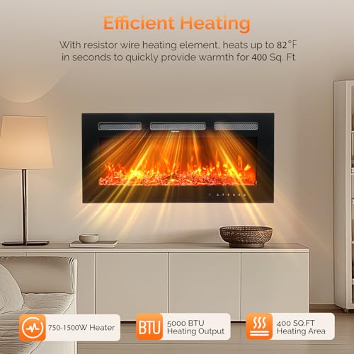 ROVSUN 36'' Electric Fireplace, 2-in-1 Ultra-Thin Wall Mounted & Recessed Fireplace with Remote & APP Control, 1500W Wall Heater w/ 12 Flame Color, 5 Brightness, Timer, Log Set & Crystal - Image 2