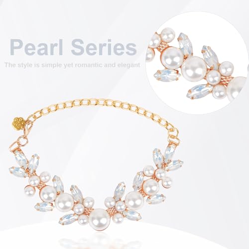 Image of HOWWFALY Dog Cat Pearl Collars with Cute Pet Paw Gold Chain Stainless Steel Collars Necklace Adjustable Collar Dog Chain Cat White Pearl Pet Collar (White, S)