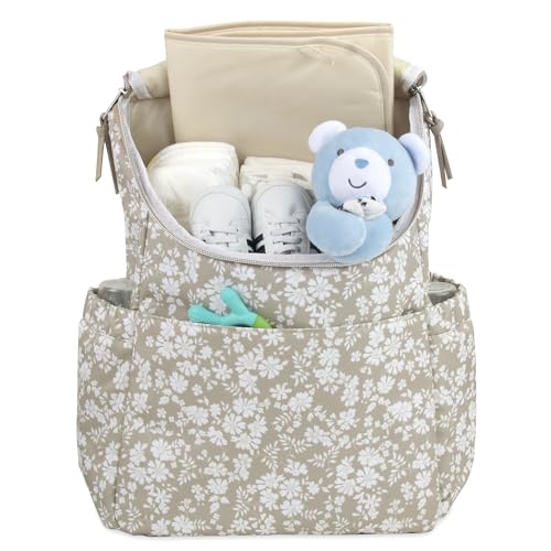 Multi-Function Floral Diaper Backpack and Travel Nappy Baby Bag with Changing Pad and Stroller Straps (Brown Bouquet)