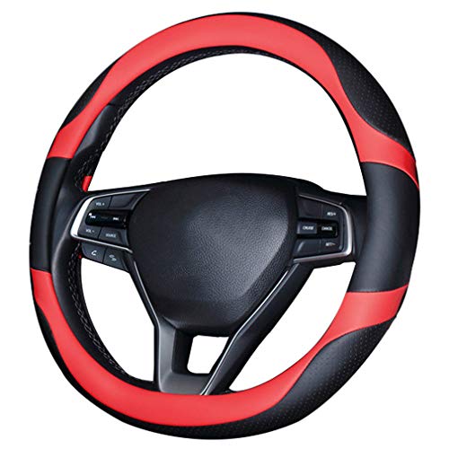 Pahajim Funda de Piel Sintética para Volante de Coche 38cm, Antideslizante Transpirable Suave Coche Universal Protector de Accesorios Interiores para Auto Van Truck SUV (Negro-rojo)