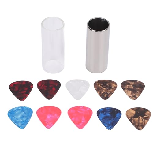 Guitar Slide Kit, Stainless Steel Guitar Finger Slider 10 Picks Set with Storage Box for Bass Tuning