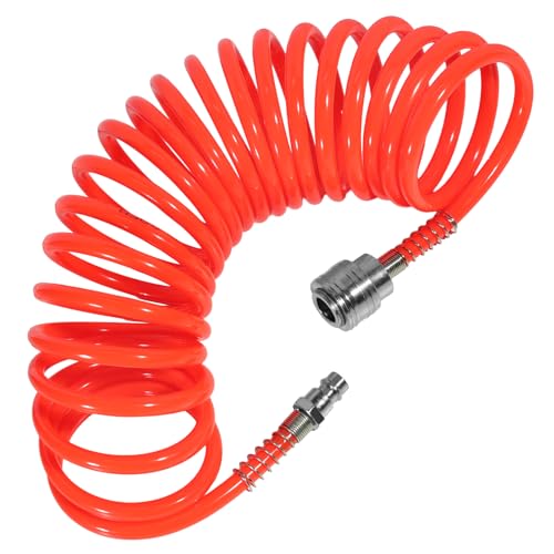 Tuyau Spirale Air Comprimé 5m - PU Flexible Compresseur Air, Tuyau Compresseur d'Air Orange avec Raccord Rapide et Embout, Accessoires Compresseur