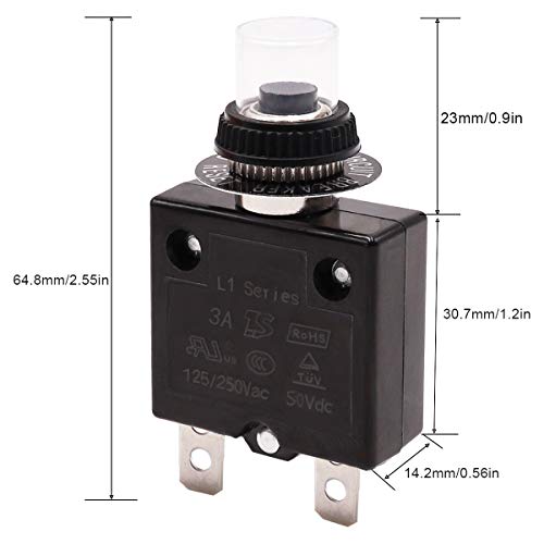 Tnisesm 3A Push Button Circuit Breaker 125/250V Ac 50V Dc, L1 Series Manual Reset Thermal Circuit Breaker With 19Cm Wire Leads, 6.3Mm Female Spade Terminals And Waterproof Button Transparent Cap #TOP4
