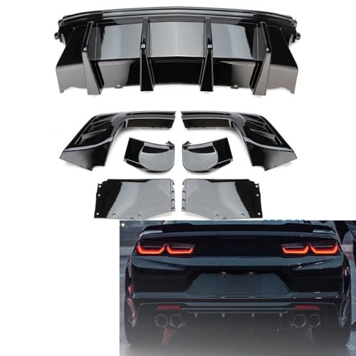 7-Piece Rear Bumper Diffuser Kit for Chevy Camaro 16-22 SS LS LT 2016-2024 – Aggressive ABS Plastic Aero Lip Splitters w/Hardware – Direct Fit Replacement for Base & SS Models (Glossy Black)