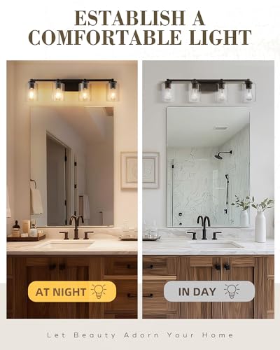 Image of Beionxii Bathroom Vanity Lights, 4-Light Vintage Wall Sconce Light Fixtures, Oil Rubbed Bronze Finish with Clear Seeded Glass - MB9002 Series