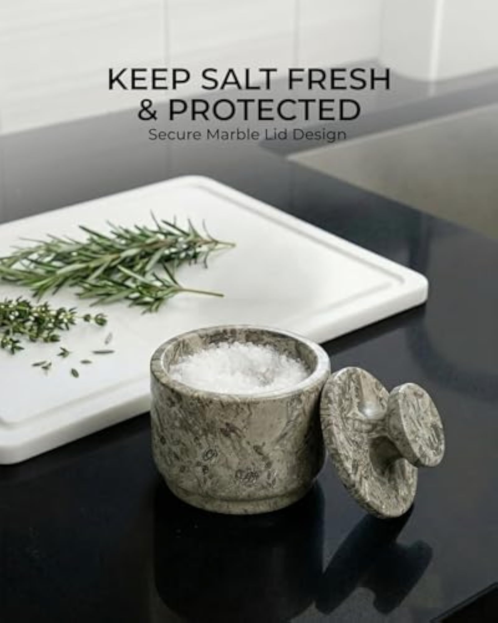 Natural Marble Salt Cellar with Lid, Stone Salt Container