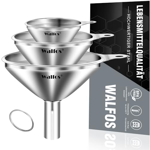 Walfos Trichter Edelstahl 3 Stück Mini Trichter Küche geeignet zum Umfüllen von Flüssigkeiten und kleine Flaschen wie Öl Salz Zucker Parfümflaschen ätherische Öle