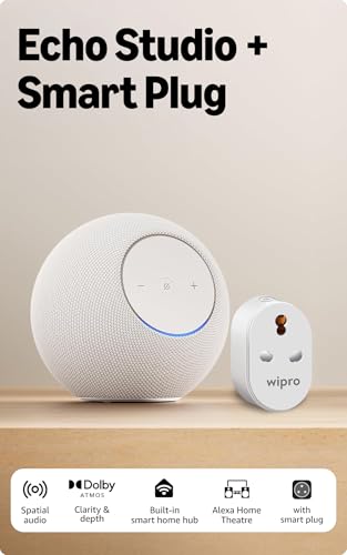 Image of Amazon Echo Studio (newest model), Alexa Speaker with immersive spatial audio and Dolby Atmos, and built-in smart home hub in a compact design (Glacier White) with 16A Smart Plug