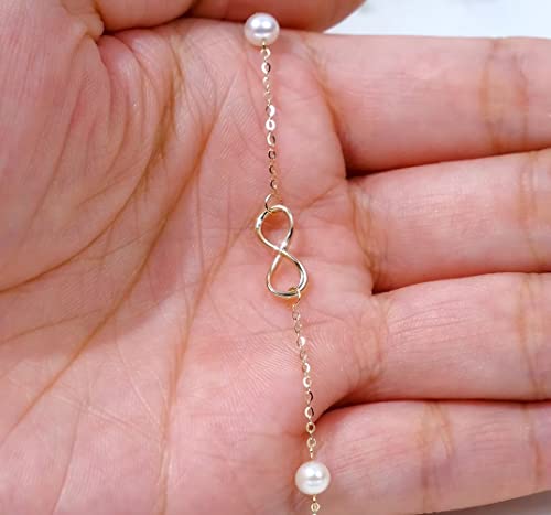 14k Gold Infinity Bracelet for Women, Real Pearl Love Knot Bracelet, 6.9"+0.7"+0.7"3