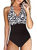 YILEEGOO Damen-Badeanzug, einteilig, Push-Up-Badeanzug, hohe Taille, Cutout, Monokini, Bademode, Y-Leopardenmuster, Schwarz, S