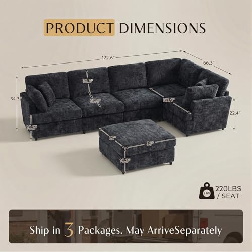 Image of 122.6 inch Chenille Modular Sectional 6 Seater Sofa, Deep Seat Couch with Ottoman & Removable Covers, Free Combination Modern Couch, L /U Shaped Modular Sectional Sofa, for Living Room, Apartment, Black