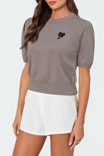 Arach&Cloz Women's Puff Short Sleeve Shirts 2025 Summer Crew Neck Sequin Cute Crop Tops Trendy Casual Pullover4