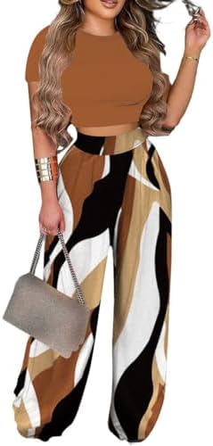 2 Piece Outfits for Women Short Sleeve Crop Top High Waist Wide L...