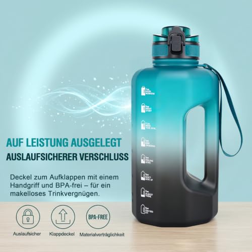 GEMFUL 2.2 Liter Trinkflasche Training Groß Gym Bottle mit Griff BPA Frei mit Zeitmarkierungen für Fitness Yoga Camping (grün schwarz)