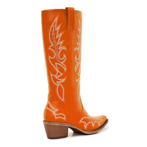 Image of Uillnoodu Women's Turquoise Cowgirl Boots - Wide Calf Mid Calf Western Boots Plus Size Embroidered Cowboy Style with Block Heel