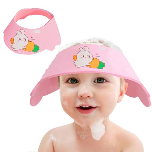 Image of Baby Shower Cap Shield, Soft Adjustable Kids Bath Visor Hat Shampoo Washing Hair Protection Cartoon for Toddler children (Pink Rabbit)