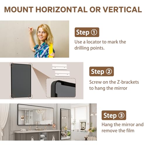 New Upgrade Bathroom Mirror, 72X36 Inch Black Metal Frame Wall Mounted Rounded Rectangle Bathroom Vanity Mirror with Tempered Glass for Washroom Bedroom Living Room