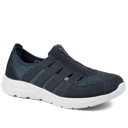 Wide Fit Leather Memory Foam Trainers - Navy Size 4