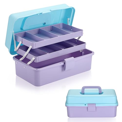 Image of BTSKY 3-Layer Plastic Dividing Storage Box Craft Organizer and Storage | Portable Handled Art Supply Organizer with Adjustable Spacers Multipurpose Home Utility Box for Medicine Sewing(Blue+Purple)
