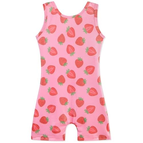 HOZIY Gymnastics Leotards for Girls with Shorts Toddlers Biketards Rainbow Unicorn Dinosaur Mermaid Leopard Flower Galaxy 5-6 Years Strawberry