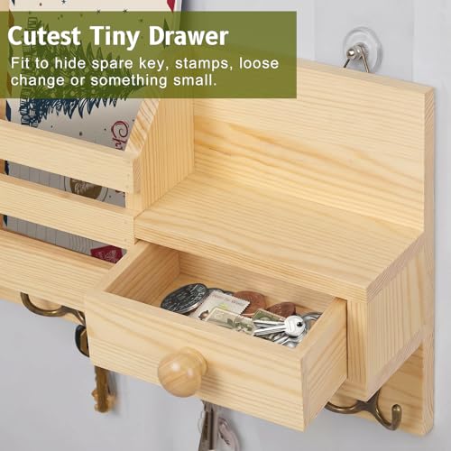 Image of Key Holder Wall Mount, Wooden Adhesive Mail and Key Organizer with Drawer, Small Shelf, 8 Hooks, 2 Installation Methods, Natural