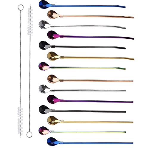 14pcs Edelstahl Trinkhalme LöFfel 2 In 1 Wiederverwendbare Strohhalme LöFfel TrinkhalmlöFfel LöFfel-Strohhalme 7 Farbig