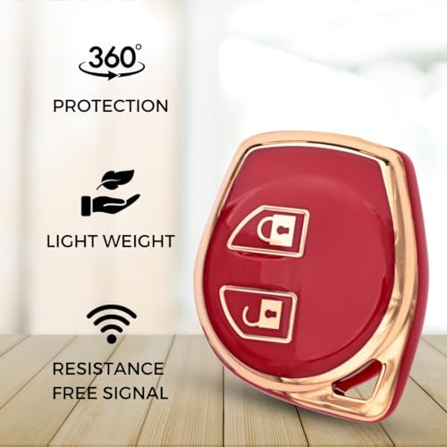 Image of KEYCEPT Gold Line TPU Key Cover Compatible with Suzuki Swift, Dzire, Ertiga, Baleno, Celerio, Ritz, Brezza, Scross, Fronx, Ciaz, Jimny, S Presso 2 Button Remote Key with Keychain. (Keychain 2, Red)