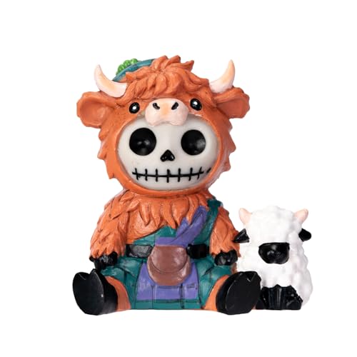 Furrybones Summit Collection Gifts Highland Cow Figurine Decorative Skeleton in Orange Highland Cattle Costume with Sheep Companion Cute Resin Collectible Highland Cattle Home Decor 3.25 H