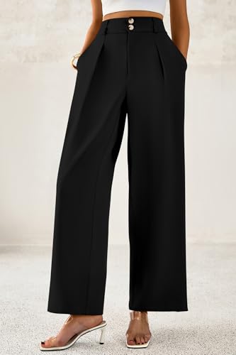 Image of CFLONGE Women Wide Leg Dress Pants High Waist Work Trousers Button Pleated Slacks Palazzo Pants Business Casual Outfits