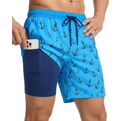 7 Inch Men Swim Trunks with Compression Breathable Liner Quick Dry Zipper Pockets for Pool Board Beach Cruise XX-Large Blue Navy Anchor