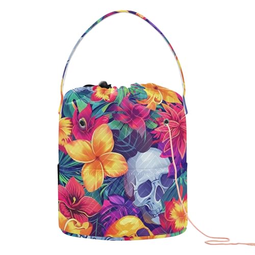 Yarn Storage Bag Small Crochet Bag Knitting Bag Organizer Skulls Tropical Flowers Yarn Bags for Crocheting Basket