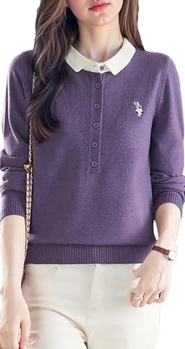 Womens Polo Neck Layered Look Sweater Button up 2 in 1 Knit Pullover Tops
