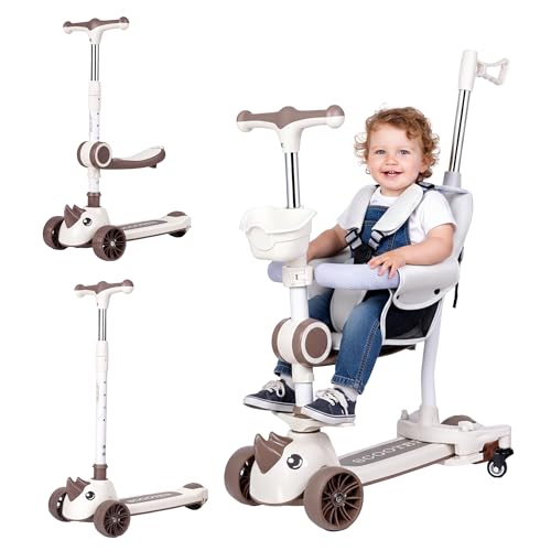 Patinete infantil 3 en 1, patinete infantil con barra deslizante, con asiento extraíble y ruedas LED, altura regulable en 3 niveles, para niños de 1 a 8 años, hasta 50 kg (marrón)