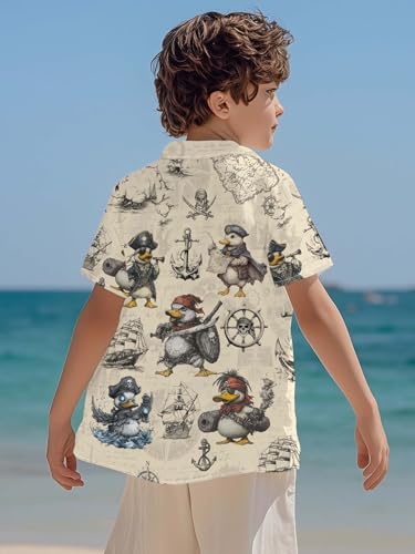 Image of THE PIRATE KING Funny Pirate Hawaiian Shirt Boys Girls Beach Tropical Casual Short Sleeve Button Down Shirt for 5-14 Years