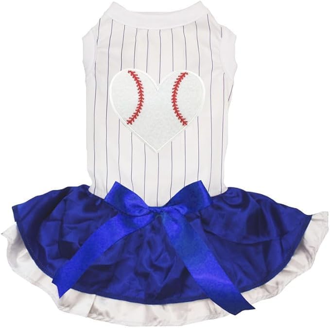 Petitebella Baseball Heart Puppy Dog Dress (Stripes/Blue White, Medium)