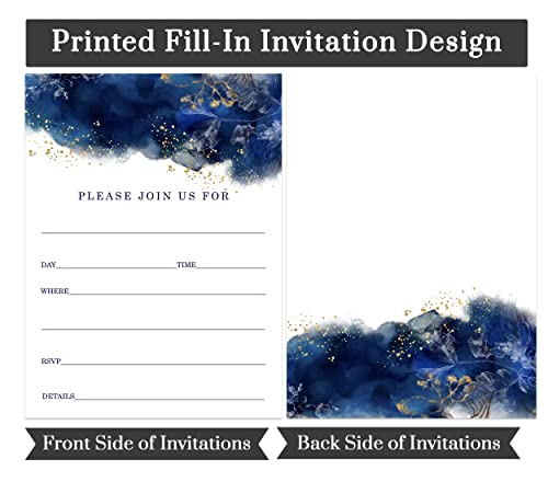 Blue Invitations With Envelopes (25 Pack) Blank Invites For Bridal Shower, Graduation, Engagement, Wedding, All Occasions – Watercolor Theme Gold Floral - Handwrite Party Details 5X7 Card Set #TOP5