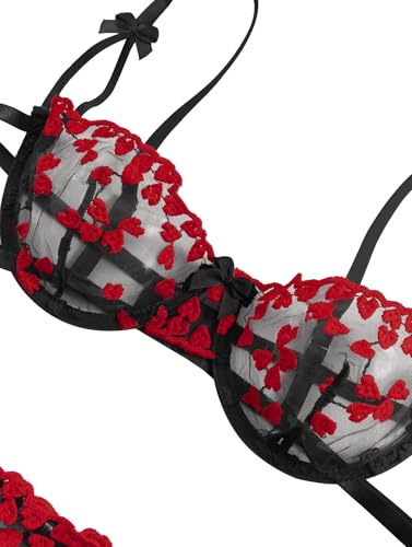 Image of Lilosy Sexy Tie Side Cute Underwire Push Up Strappy Embroidered Mesh Sheer Lingerie Set