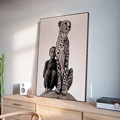 Peinture animale léopard et fille moderne LSYALUCK œuvre d'art murale inspirante