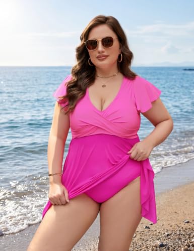 Image of Blooming Jelly Women's Plus Size Bathing Suit One Piece Swim Dress Tummy Control Swimsuits Ruffle V Neck Swimwear
