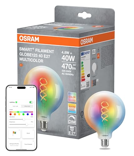 Osram Lampe LED SMART+ Globe 125 Filament E27, RGBW, compatible Matter, WiFi, contrôlable via application et assistant vocal, multicolore, dimmable