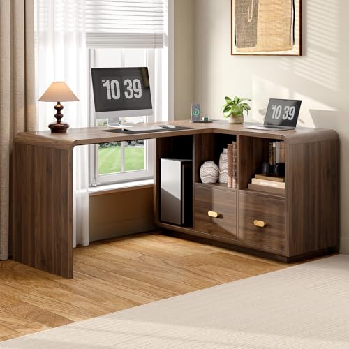 ONBRILL 58' Executive L Shaped Desk with Power Outlets and USB, Home Office Computer Desk with File Drawer and Storage Shelves, Walnut