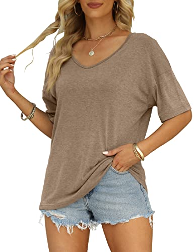Mirol Women's Half Sleeve T Shirts Fashion V Neck Oversized Loose Tops Solid Casual Basic Blouses Khaki #TOP7