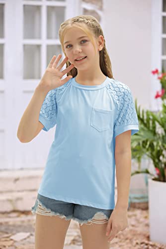 Image of Girls Summer Short Sleeve Shirts Lace Casual Cute Crew Neck Solid Color Blouses Tops Sizes 6-15 Years