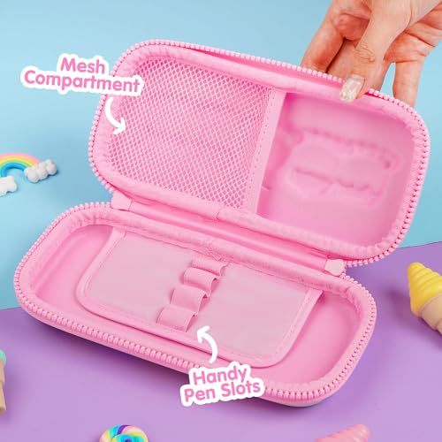 Image of Blippo Pink Rainbow 3D Hardshell Pencil Case, Pencil Box for Girls, with Mesh Bag and Compartments, Kawaii Pencil Bag, Sturdy, Protects School Supplies