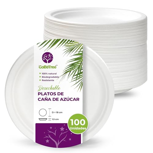 GoBeTree 100 Platos Desechables de Caña de azúcar Redondos de 18 cm. Ecológicos, Biodegradables y Resistentes para Picnics, Barbacoas, Fiestas y Cumpleaños