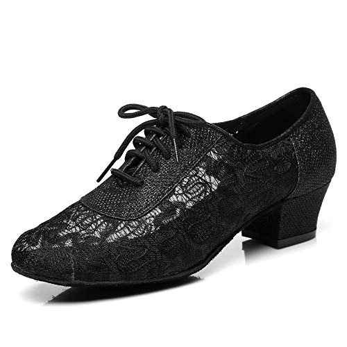 HIPPOSEUS Women's Lace-up Practice Dance Shoes with Chunky Heel Ballroom Dance Teacher Training Shoes Black,Model L289,US 9