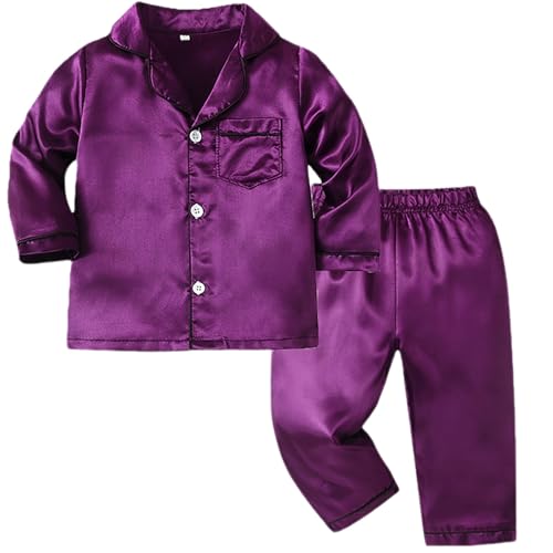 2pc Satin 𝐏ajamas Sets for Toddler Solid Long Sleeve Buttons Shirt 𝐏𝐉 Pants Outfits Summer L𝐨unge Sl𝐞epwear Clothes