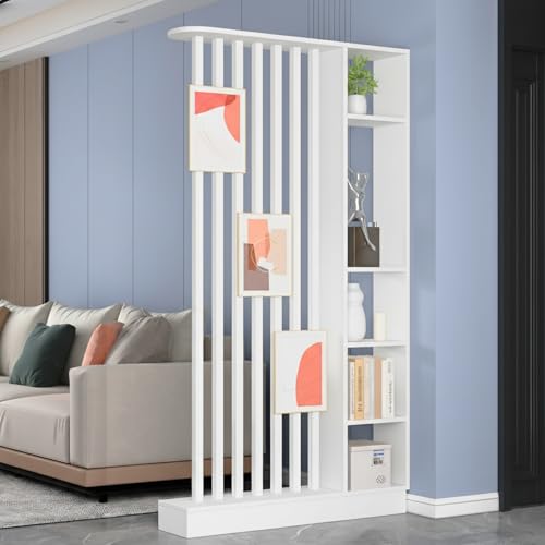 Wall Room Divider, Freestanding Wood Room Divider Shelf with Shelves, Divider Screen Separator Screen with Storage, Wall Divider for Room Separation, for Home Office Decorative(White,39.4IN)