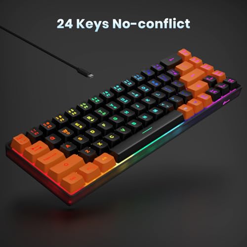 Image of GEODMAER 65% Gaming Keyboard, LED Backlit Mini Wired Keyboard, Ultra-Compact Anti-Ghosting No-Conflict 68 Keys Membrane Gaming Wired Keyboard for PC Laptop Windows Gamer(Black-Orange)