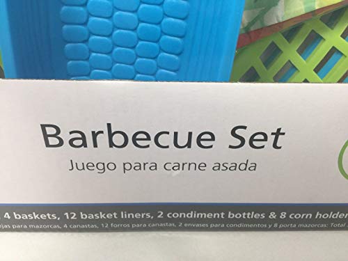 BBQ Picnic Serving Set with Green & Blue Plastic Hamburger Baskets, Floral Food Basket Liners, Corn Trays with Corn Cob Holders, Ketchup & Mustard Condiment Bottle